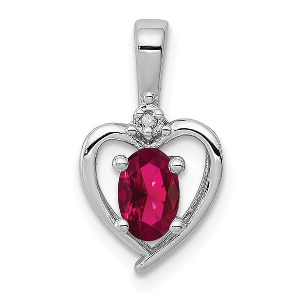 Sterling Silver Ruby & Diamond Pendant with Rhodium-Plated Finish July Birthstone