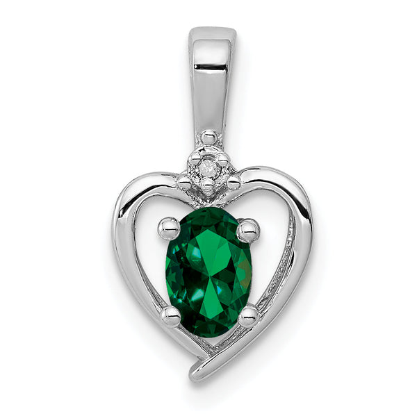 Sterling Silver Rhodium-Plated Emerald & Diamond Pendant Elegant May Birthstone