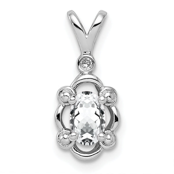 Sterling Silver Rhodium-Plated White Topaz & Diamond Pendant Elegant April Birthstone Design