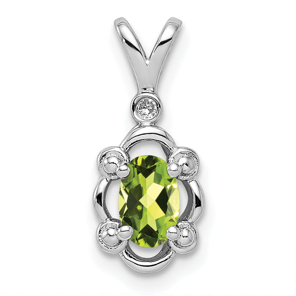 Sterling Silver Rhodium-Plated Peridot & Diamond Pendant August Birthstone Elegance