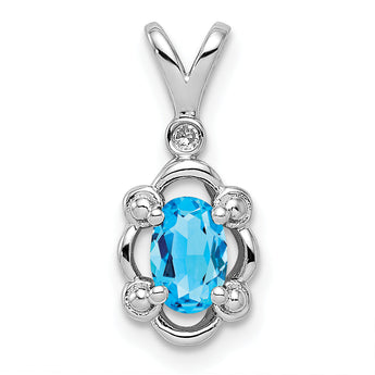 Sterling Silver Rhodium-Plated Swiss Blue Topaz & Diamond Pendant Elegant Birthstone Design