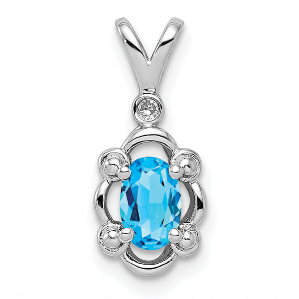 Sterling Silver Rhodium-Plated Swiss Blue Topaz & Diamond Pendant Elegant Birthstone Design