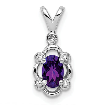 Sterling Silver 925 Rhodium-Plated Amethyst & Diamond Pendant Polished Oval Design