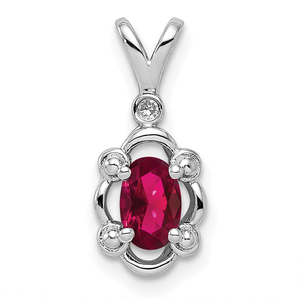Sterling Silver Rhodium-Plated Pendant with Lab-Created Ruby & Diamond Polished Elegant Design