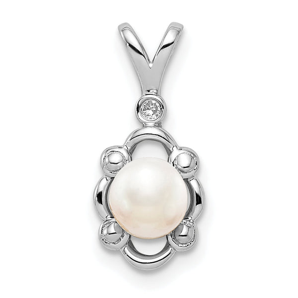Sterling Silver Rhodium-Plated Pearl & Diamond Pendant Elegant June Birthstone Design
