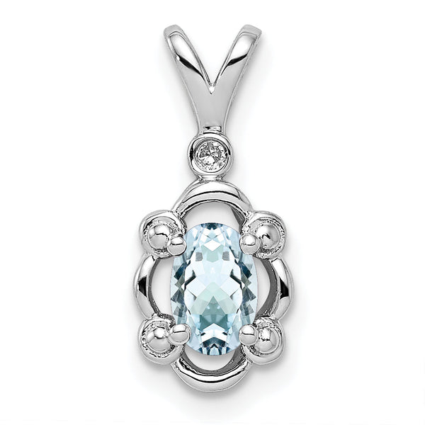 Sterling Silver Rhodium-Plated Aquamarine & Diamond Pendant