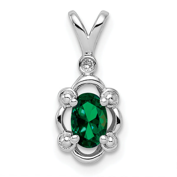Sterling Silver Rhodium-Plated Created Emerald & Diamond Pendant from