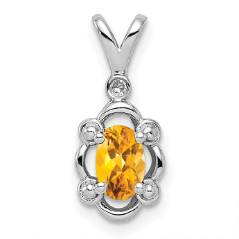 Sterling Silver Citrine & Diamond Pendant with Rhodium-Plated Polished Finish