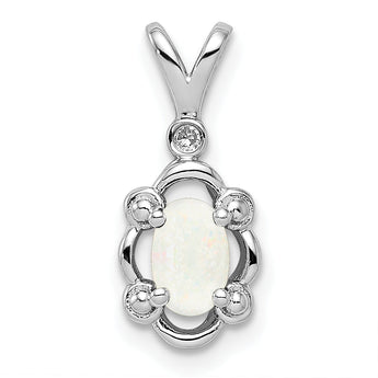 Sterling Silver Rhodium-Plated Opal and Diamond Pendant Elegant October Birthstone Charm