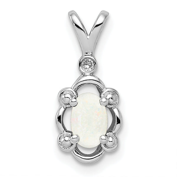 Sterling Silver Rhodium-Plated Opal and Diamond Pendant Elegant October Birthstone Charm