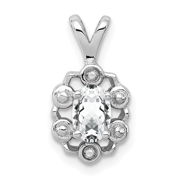 Sterling Silver Rhodium-Plated White Topaz & Diamond Pendant Elegant Oval Design