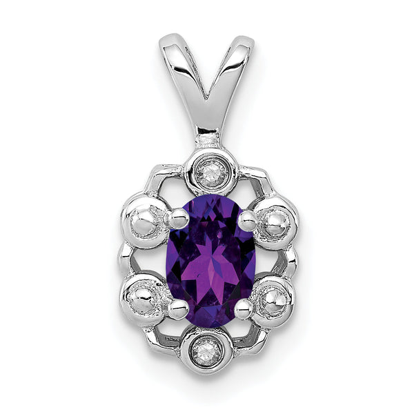 Sterling Silver Rhodium-Plated Amethyst & Diamond Pendant Elegant Birthstone Design