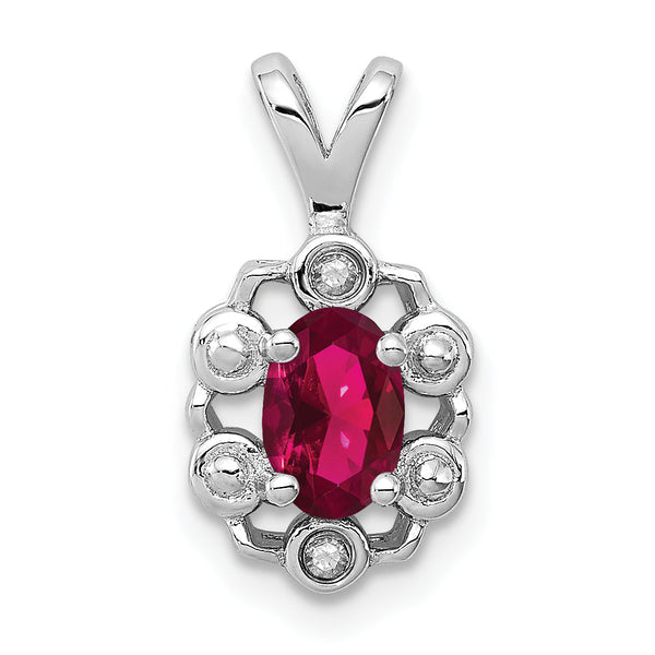 Sterling Silver Rhodium-Plated Ruby & Diamond Birthstone Pendant