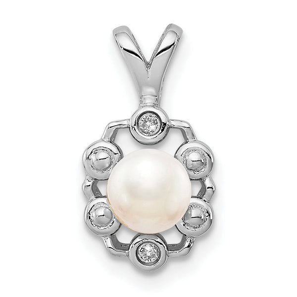 Sterling Silver Rhodium-Plated Pearl and Diamond Pendant Elegant June Birthstone Necklace