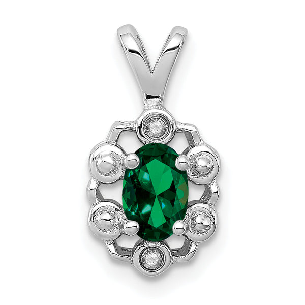 Sterling Silver Rhodium-Plated Pendant with Lab-Created Emerald & Diamond