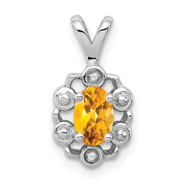 Sterling Silver Rhodium-Plated Citrine & Diamond Pendant Elegant November Birthstone Design