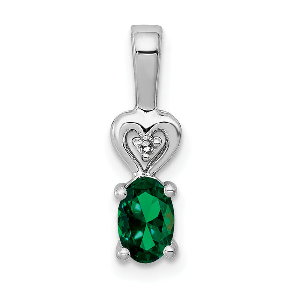 Sterling Silver Rhodium-Plated Emerald & Diamond Pendant Elegant May Birthstone Design