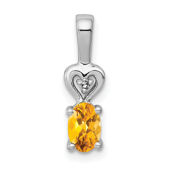 Sterling Silver Rhodium-Plated Citrine & Diamond Pendant November Birthstone Elegance