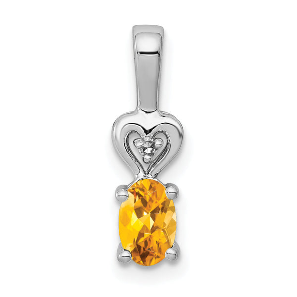 Sterling Silver Rhodium-Plated Citrine & Diamond Pendant November Birthstone Elegance