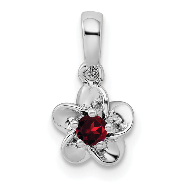 Sterling Silver 925 Rhodium-Plated Garnet Floral Pendant Polished, Elegant, Birthstone Jewelry