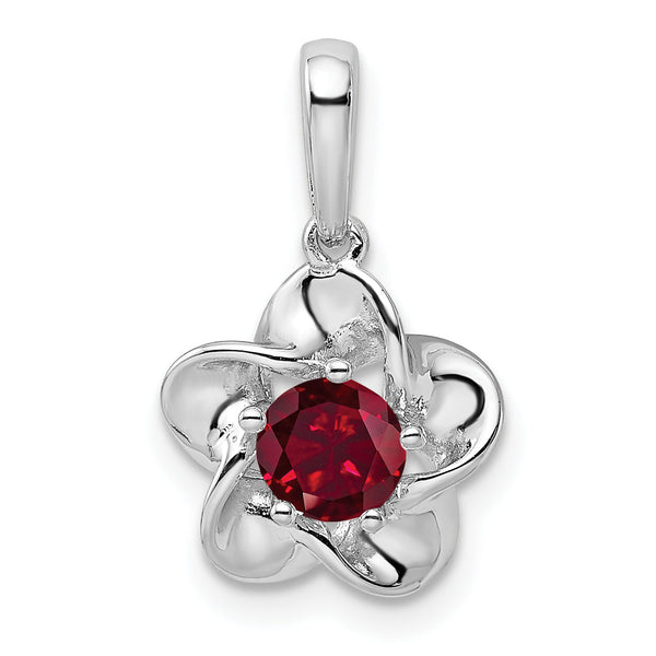 Sterling Silver Rhodium-Plated Ruby Pendant with Polished Floral Design