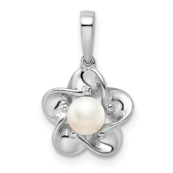 Sterling Silver Rhodium-Plated Pearl Pendant with Floral 3D Design June Birthstone
