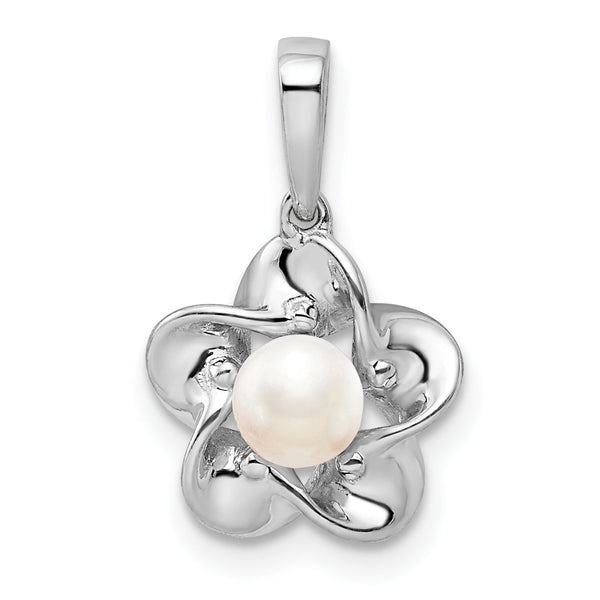 Sterling Silver Rhodium-Plated Pearl Pendant with Floral 3D Design June Birthstone