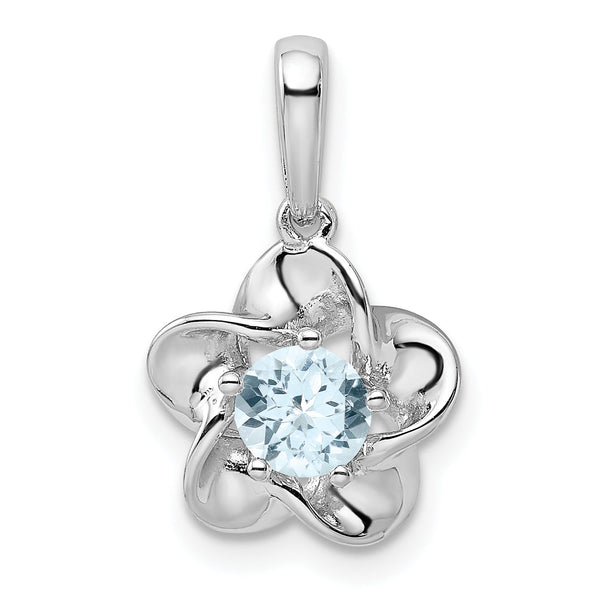 925 Sterling Silver Rhodium-Plated Aquamarine Floral Pendant, Polished Finish