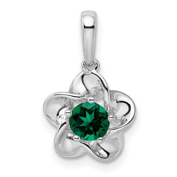 Sterling Silver 925 Floral Pendant with Lab-Created Emerald Rhodium-Plated, Elegant Design for May Birthstone