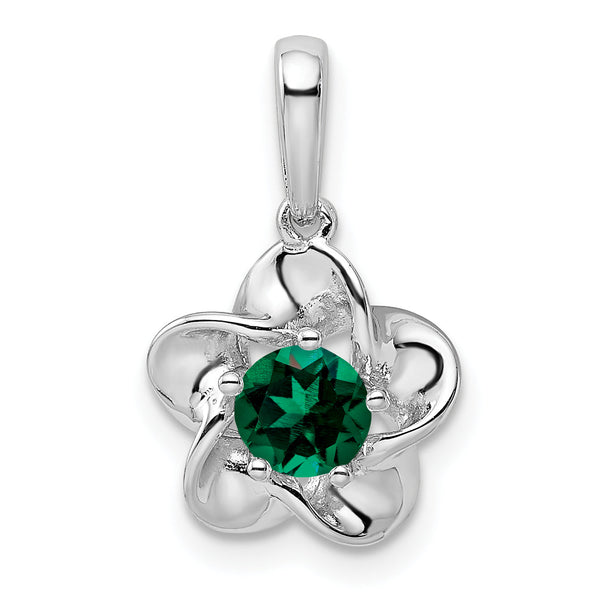 Sterling Silver 925 Floral Pendant with Lab-Created Emerald Rhodium-Plated, Elegant Design for May Birthstone