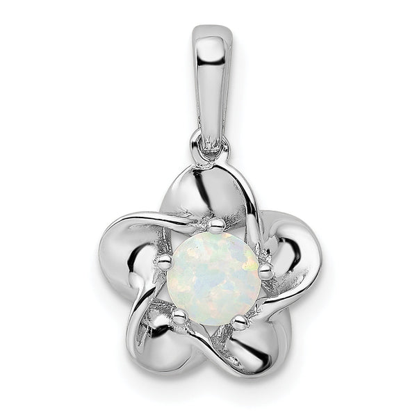 Sterling Silver 925 Rhodium-Plated Floral Opal Pendant Polished, October Birthstone Charm