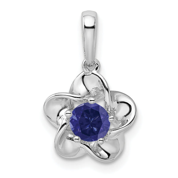 Sterling Silver Rhodium-Plated Sapphire Pendant with Floral Design September Birthstone