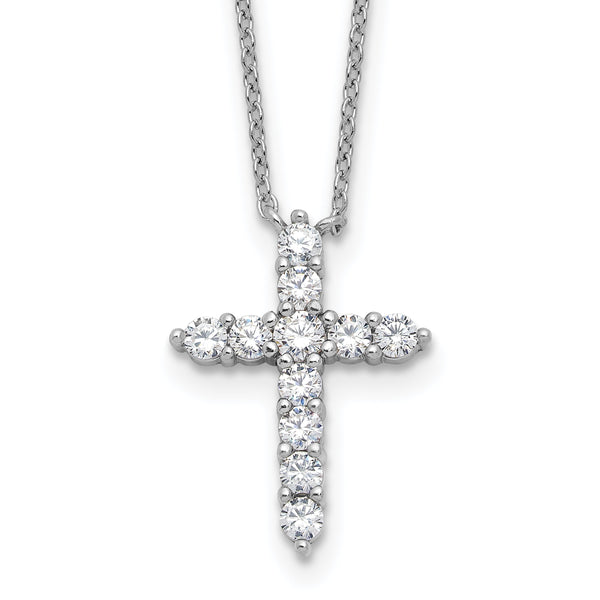 SS RH-plated CZ April Birthstone Cross 16in w/2in ext Necklace