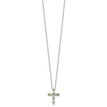 SS RH-plated Green CZ August Birthstone Cross w/2in ext Necklace