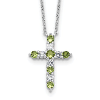 SS RH-plated Green CZ August Birthstone Cross w/2in ext Necklace