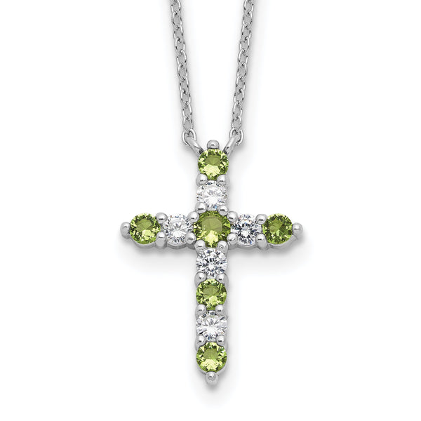 SS RH-plated Green CZ August Birthstone Cross w/2in ext Necklace