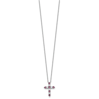 SS RH-plated Purple CZ February Birthstone Cross w/2in ext Necklace