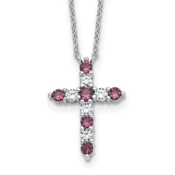 SS RH-plated Purple CZ February Birthstone Cross w/2in ext Necklace