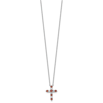SS RH-plated Red CZ January Birthstone Cross w/2in ext Necklace