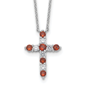 SS RH-plated Red CZ January Birthstone Cross w/2in ext Necklace