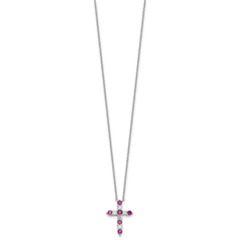 SS RH-plated Dark Pink CZ July Birthstone Cross w/2in ext Necklace