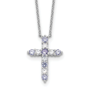SS RH-plated Lt Purple CZ June Birthstone Cross w/2in ext Necklace