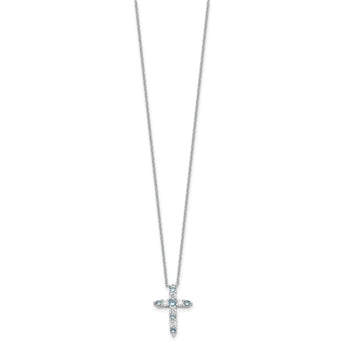 SS RH-plated Lt Blue CZ March Birthstone Cross w/2in ext Necklace