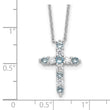 SS RH-plated Lt Blue CZ March Birthstone Cross w/2in ext Necklace