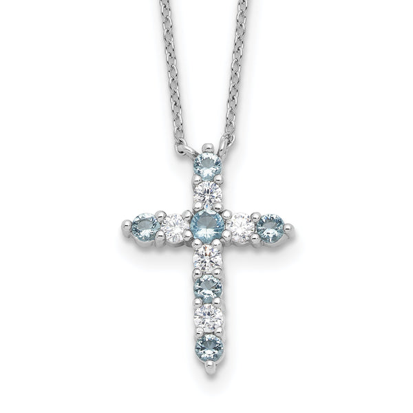 SS RH-plated Lt Blue CZ March Birthstone Cross w/2in ext Necklace