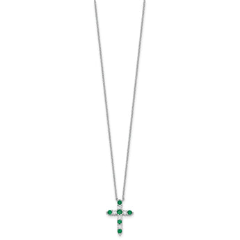 SS RH-plated Green CZ May Birthstone Cross w/2in ext Necklace