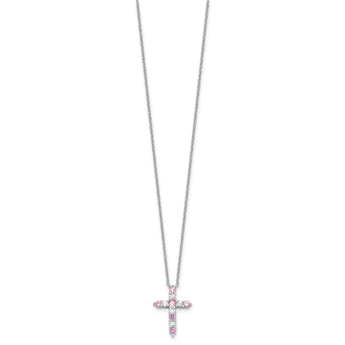 SS RH-plated Pink CZ October Birthstone Cross w/2in ext Necklace