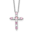 SS RH-plated Pink CZ October Birthstone Cross w/2in ext Necklace
