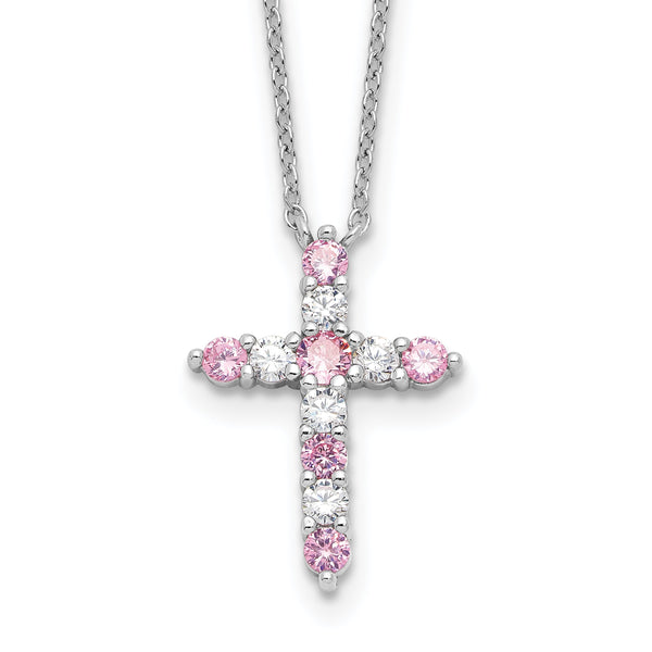 SS RH-plated Pink CZ October Birthstone Cross w/2in ext Necklace