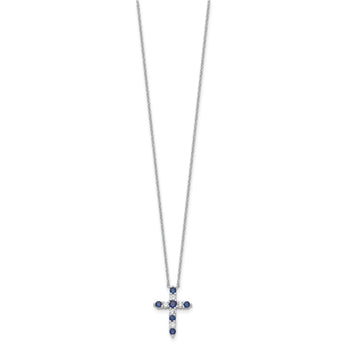 SS RH-plated Dark Blue CZ Sept Birthstone Cross w/2in ext Necklace